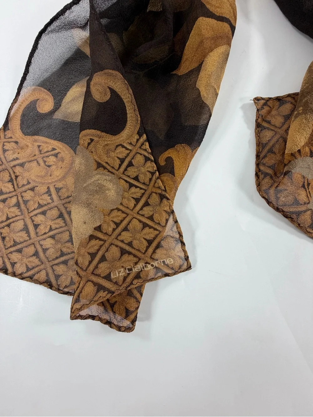 Liz Claiborne Floral Chiffon Scarf Brown Gold Sheer Rose Print 54x12